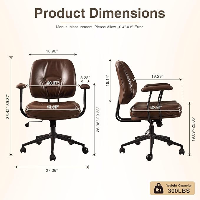 HOOOWOOO Ergonomic Office Chair,Mid Century Modern Computer Desk Chair,Comfy Executive Chair with Extra Wide Tufted Cloudy Seat Lumbar Support Rocking Back,PU Leather Dark Brown