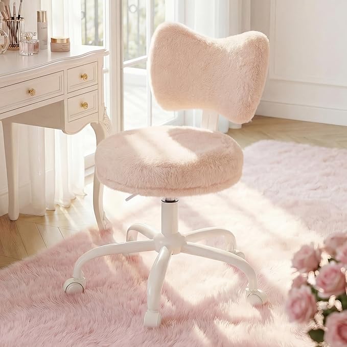 Vanity Chair with Wheels, Cute Desk Chair with Bow Backrest, Fluffy Faux Rabbit Fur Small Office Chair for Vanity, Make-up Room, Bedroom, Dorm, Height Adjustable, Orange Pink