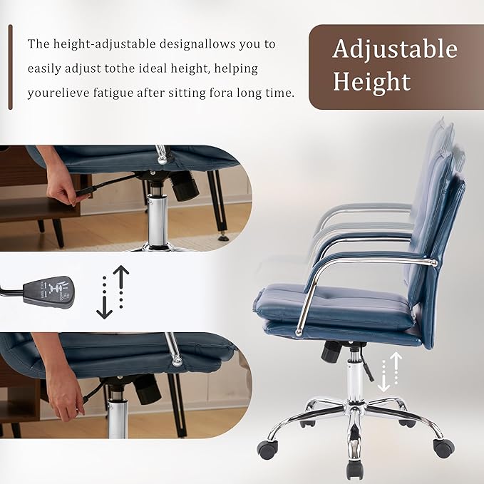 MOJAY Office Chair, Leather Desk Chair, Brown Desk Chair, Mid Century Modern Office Chair, Swivel Comfy Upholstered Wide Seat Chair with Gold Legs and Armrests for Home, Office (Dark Blue&Silver)