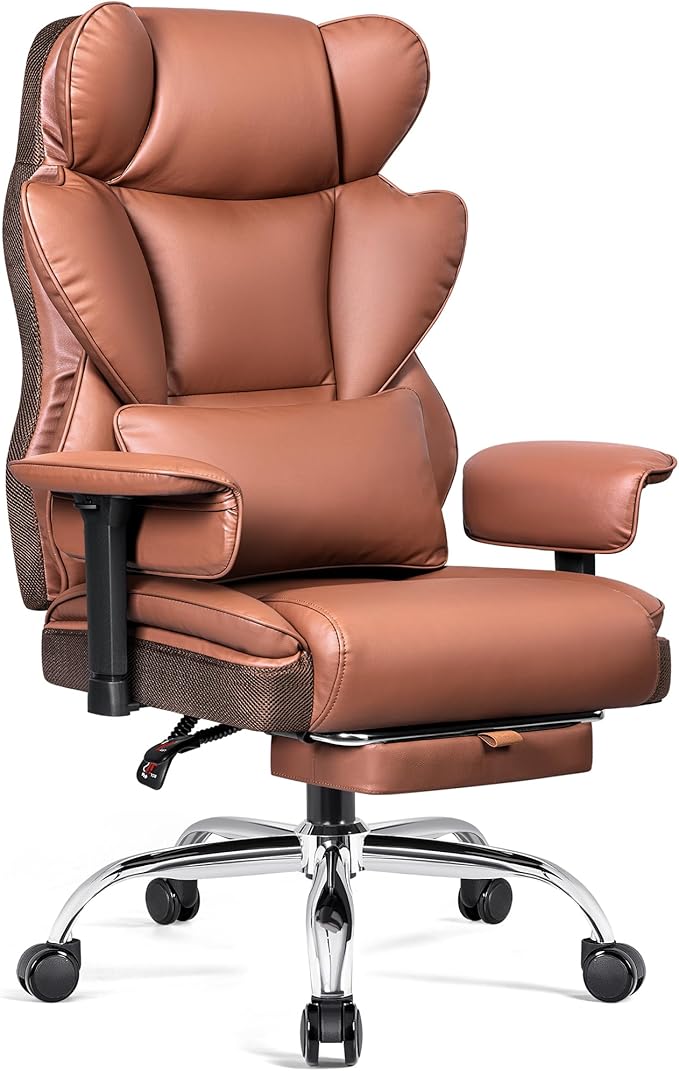 Big and Tall Office Chair - 400 LBS Capacity Executive Chair with High Back & Footrest, Ergonomic Office Chair for Heavy People, Wide Padded Seat Computer Gaming Chair, Brown