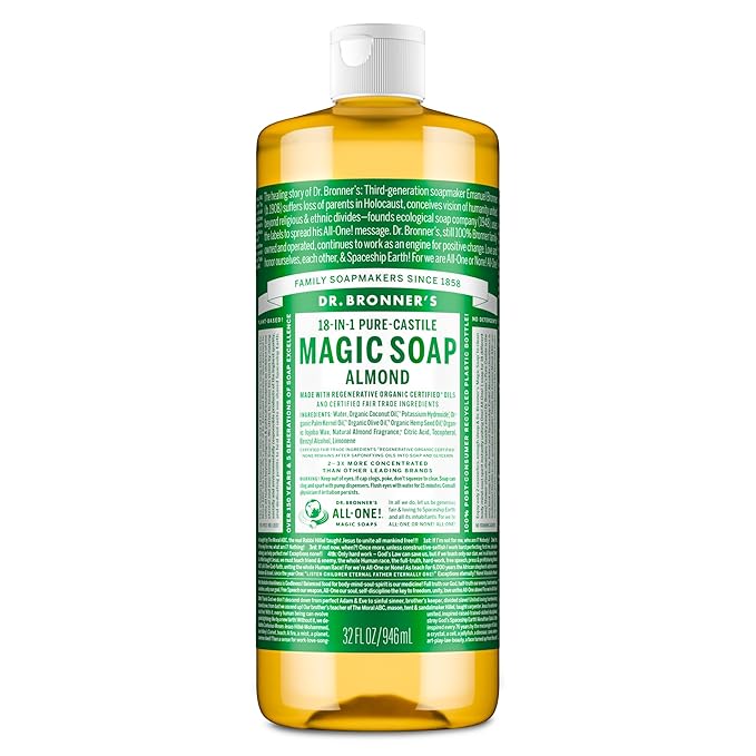 Dr. Bronner's Pure-Castile Magic Soap Liquid (Almond, 32 Ounce) - Made with Regenerative Organic Certified Oils, 18-in-1 Uses: Face, Body, Hair, Laundry, Pets and Dishes, Concentrated, Vegan, Non-GMO