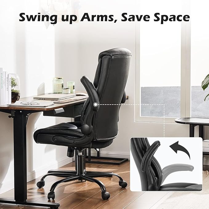 DUMOS Office Chair - Ergonomic Executive Computer Desk Chairs with Adjustable Flip-up Armrest, Swivel Task Chair with Lumbar Support, Strong Metal Base, PU Leather, Black