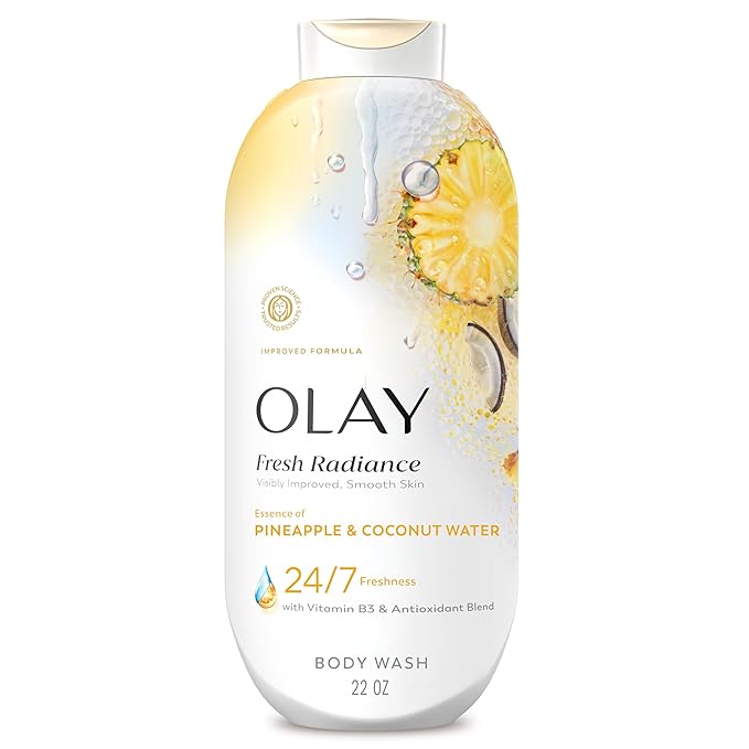 Olay Body Wash for Women, Fresh Radiance, 24/7 Skin-Loving Freshness, Visibly Radiant, Plant Based Cleansers, Vitamin B3 & Antioxidant Blend, All Skin Types, Pineapple & Coconut Water Scent, 22 fl oz