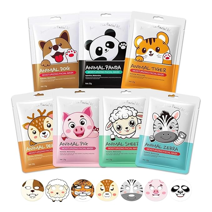 7 Packs Cute Animal Character Design Facial Masks, Deep Hyrating Spa Masks for All Skin Types, Gift for Kids' Birthady Party, Girl's Night, Enjoy Skincare Life