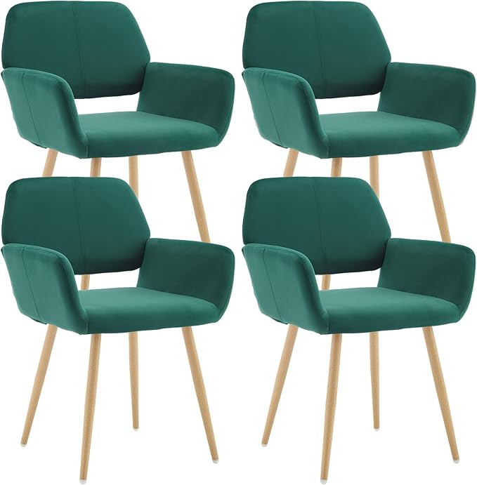 KCC Small Modern Dining Room Arm Chairs Set of 4, Mid-Century Upholstered Velvet Side Seat Club Guest with Metal Tube Legs for Kitchen, Living Room, Green
