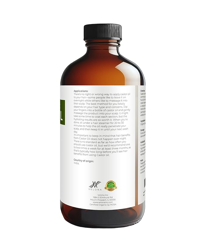velona USDA Certified Organic Castor Oil – 16 fl oz in Glass Bottle | Cold-Pressed, Hexane-Free, USP Grade | Promotes Hair Growth, Eyelash & Eyebrow Enhancement | Bottled in USA