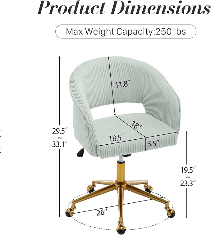 Home Office Swivel Desk Chair, Modern Corduroy Vanity Chair, Height Adjustable Armchair with Gold Base, Ergonomic Office Chair for Task Study Computer Room, Light Blue