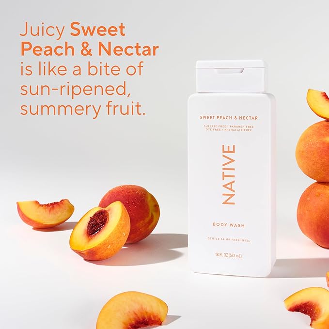 Native Body Wash Contains Naturally Derived Ingredients | For Women & Men, Sulfate, Paraben, & Dye Free Leaving Skin Soft and Hydrated | Sweet Peach & Nectar 18 oz