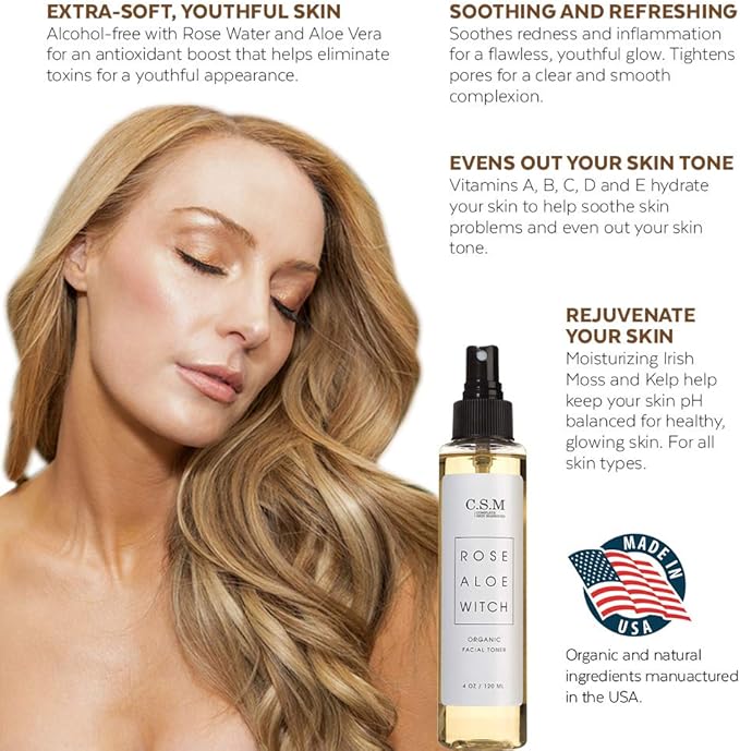 CSM Organic Alcohol-Free Witch Hazel Face Toner with Rose Water, Aloe Vera - Minimizes Pores, Soothes Skin for a Fresh, Clear Complexion - Easy Mist Spray - RAW Facial Toner - Made in The USA