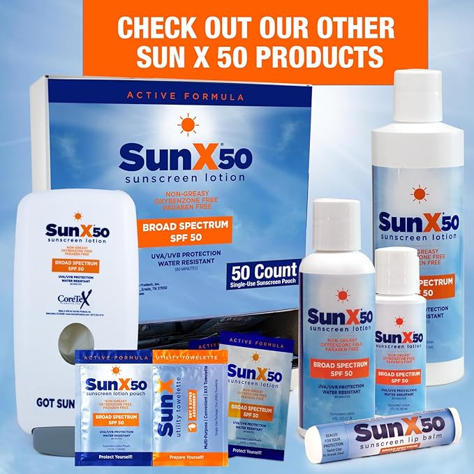 CoreTex Sun X 50 Broad Spectrum Sunscreen Packets & Dry Towels Duo Kit - Pack of 25 Paraben, Oxybenzone, Octinoxate, & Oil Free Sunscreen - No White Cast and Water Resistant Up to 80 Minutes