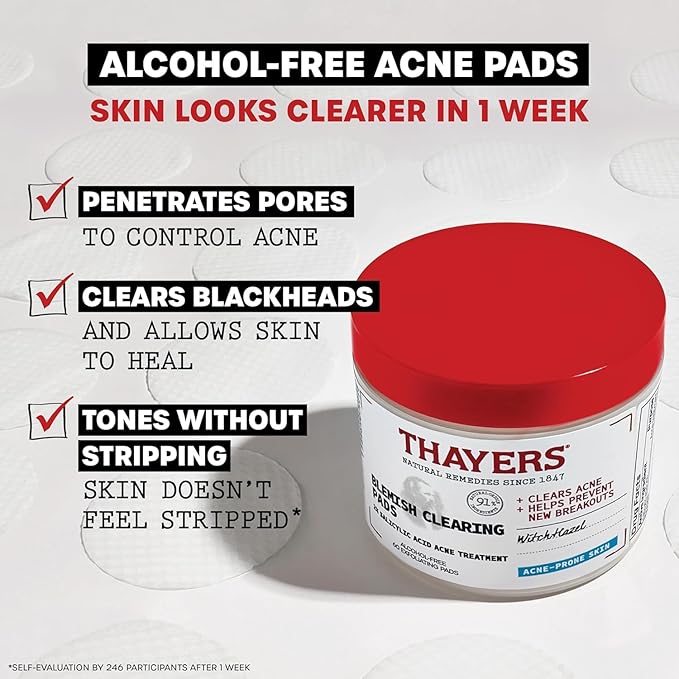Thayers Blemish Clearing Acne Pads, Salicylic Acid Acne Treatment, Pore Reducing, Exfoliating, and Soothing Toner Pads, 60 Ct + Invisible S.O.S Hydrocolloid Acne Pimple Patch, Ultra-Thin, 22 Patches