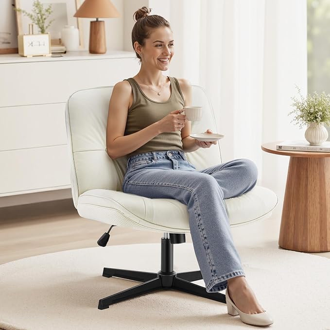 OLIXIS Criss Cross Chair Without Wheels, Cross Legged Office Chair, Armless Wide Vanity Desk Chair with Comfy PU Leather& Back - Swivel for Home Office Bedroom, Beige