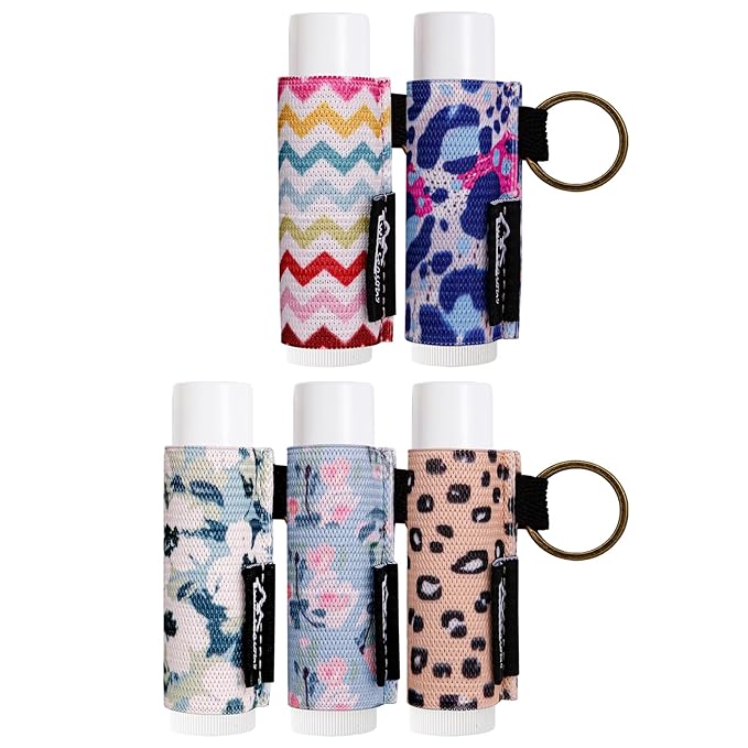 WK IEASON Lip Balm Holder Keychain, Stocking Stuffers for Teen Girls, 5PCS Clip on Lip Gloss Holder Compatible With Chapstick, Burt's Bees Sleeves Holder Key Chains Women Cute Elastic Lipstick Holder