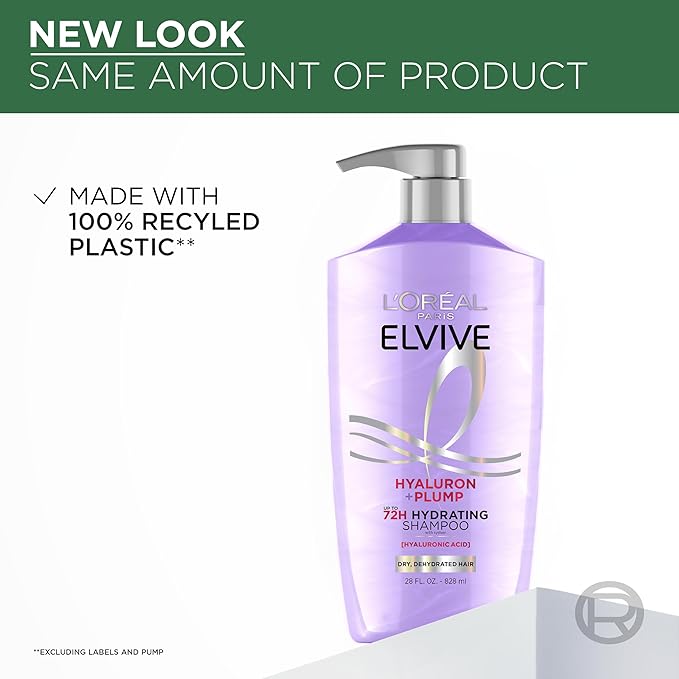 L'Oreal Paris Elvive Hyaluron Plump Shampoo and Conditioner Set for Dehydrated, Dry Hair with Hyaluronic Acid Care Complex, 1 Kit (2 Products)