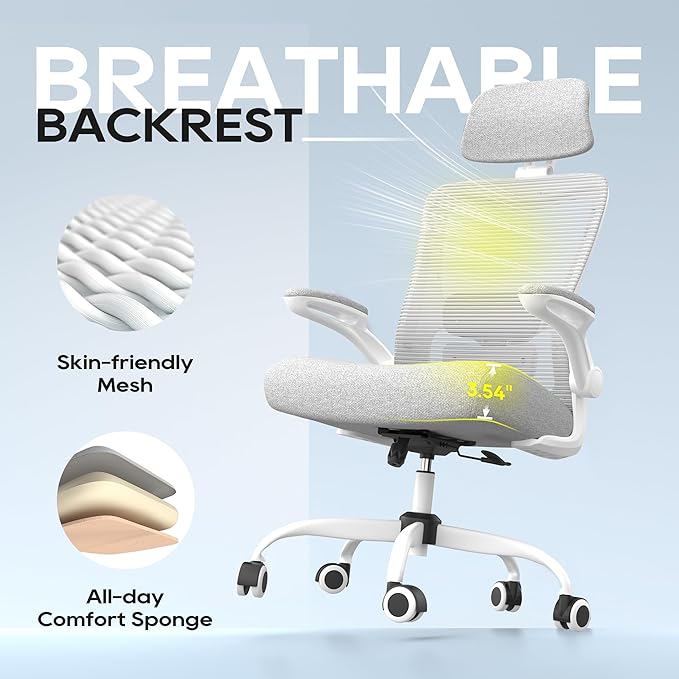 Ergonomic Office Chair, High Back Mesh Desk Chair with Adjustable Lumbar Support & Headrest, Flip-up Armrest, Computer Task Chairs for Home and Executive Office (W-Grey)