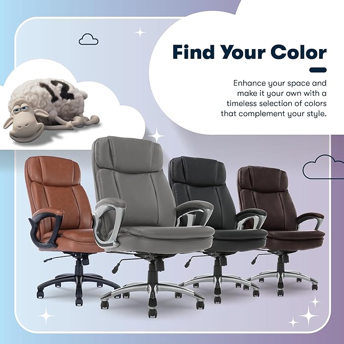Serta Fairbanks Big and Tall Executive Office Chair - Ergonomic High Back Computer Desk Chair with Lumbar Support, Memory Foam Seat Cushion, Padded Armrests, Bonded Leather, 350 lb Capacity - Gray