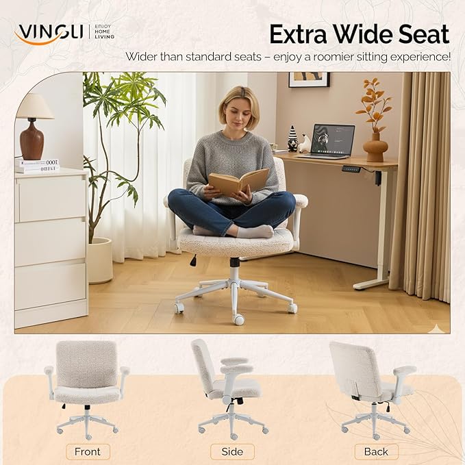 VINGLI Criss Cross Chair with Adjustable Flip-Up Arms,Cross Legged Chair with Wheels,Extra Wide Office Chair,Desk Chair for Home Office,Vanity,Bedroom, Apartment,Starry Chenille,White