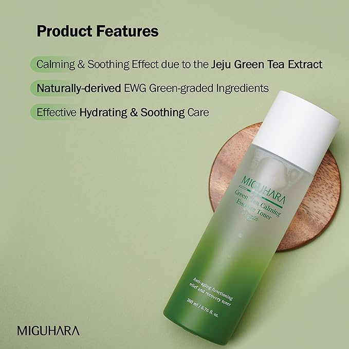[MIGUHARA] Green Tea Calming Essence Toner Origin 200ml / 6.76 Fl Oz | Facial Toner, Hydrating Toner, Skin Recovery, Calming Toner | All Ingredients Graded EWG Green