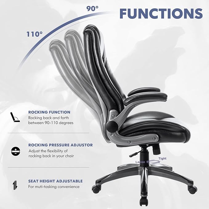 Leather Executive Office Chair - High Back Home Computer Desk Chair with Padded Flip-up Arms, Adjustable Tilt Lock, Swivel Rolling Ergonomic Chair for Adult Working Study, Black