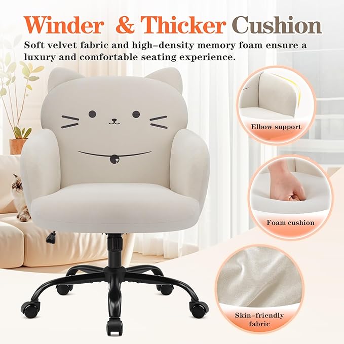 IWMH Home Office Chair Wide Seat Desk Chair Cute Velvet Swivel Vanity Chairs Cat Themed Computer Task Chairs with Wheels Upholstered Modern Accent Armchair for Living Room Bedroom Study Makeup White