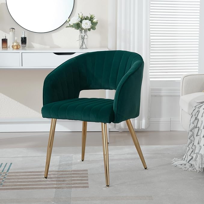 Modern Velvet Vanity Chair, Home Office Desk Chair with Hollow Back, Upholstered Dining Chair with Gold Metal Legs, Comfy Accent Armchair for Living Room Bedroom, Dark Green