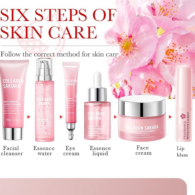 Sakura Skincare Kit, 11Pcs Skin Care Set with Cleanser, Toner, Serum, Cream, Eye Cream, Lip Balm & Masks. Skincare Gift Set for Teens & Women, Moisturize & Smooth Skin (11Pcs, Cherry)