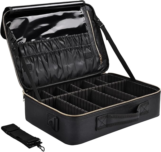 Large Travel Makeup Case, Professional Makeup Train Case Organizer, Portable Cosmetic Brush Bag Holder Waterproof Makeup Artist Storage Box with Adjustable Dividers and Shoulder Strap, Leather Black