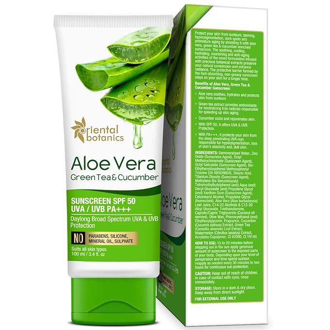 Oriental Botanics Aloe Vera, Green Tea & Cucumber Sunscreen SPF 50 UVA/UVB PA+++, 100ml