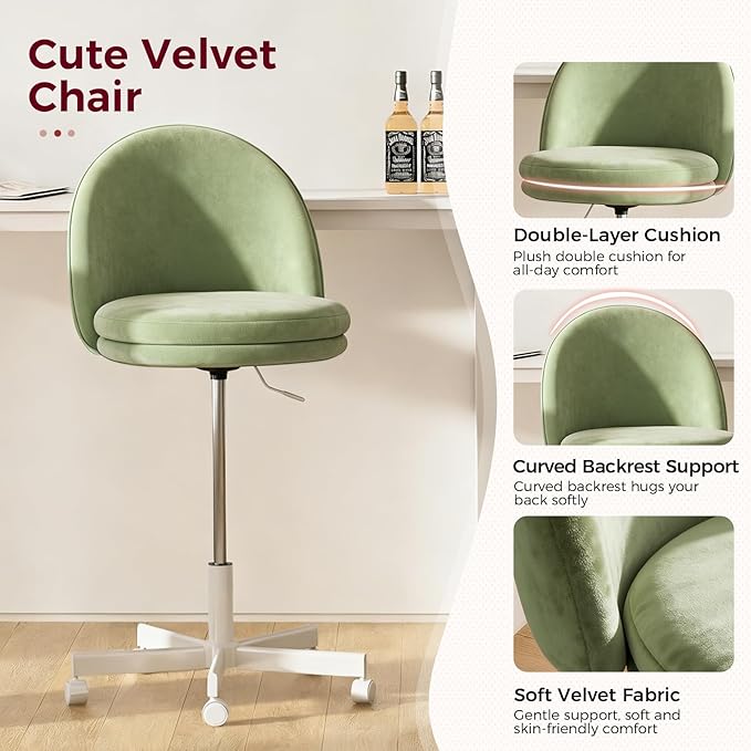 GTPLAYER Velvet Tall Office Chair with Wheels Vanity Chairs with Back, Versatile Height Use: Office to Bar Stools Small Ergonomic Comfy Armlees Computer Desk Chair with Bow Lumbar Pillow for Gift