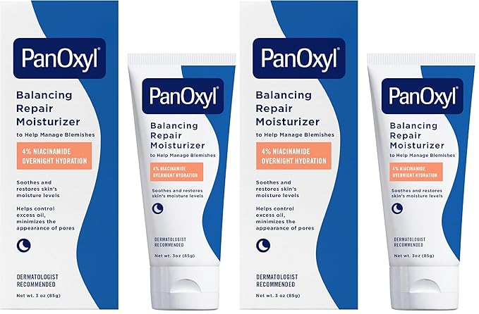 PanOxyl PM Balancing Repair Moisturizer with Niacinamide, Ceramides and Cica, Hydrating Face Moisturizer, Acne Prone Skin and Dry Skin, Non-Comedogenic Night Face Moisturizer, 3 oz (Pack of 2)