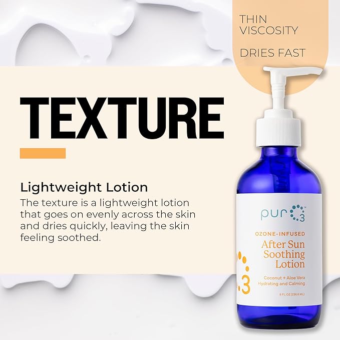 PurO3 Sun Repair Lotion – After Sun Care with Ozonated Coconut Oil & Aloe Vera – Sunburn Relief & Moisturizer for Face & Body – Cool Hydration for Sun-Damaged Skin, 8 Fl Oz Size