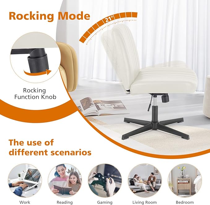 Sweetcrispy Criss Cross Chair Legged, Armless Office Swivel Desk Chair No Wheels, Vanity Height Adjustable Wide Seat Faux Leather Computer Task Seating for Home Bedroom