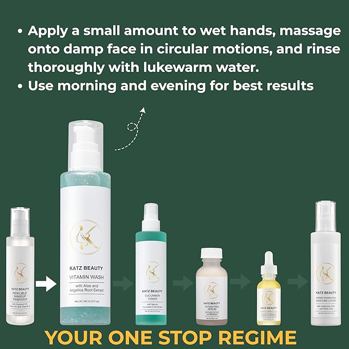 Katz Beauty Quick Morning Glow Trio: Vitamin Wash, Cucumber Toner & Super Hydrating Lotion for Busy Women’s Radiant Skin
