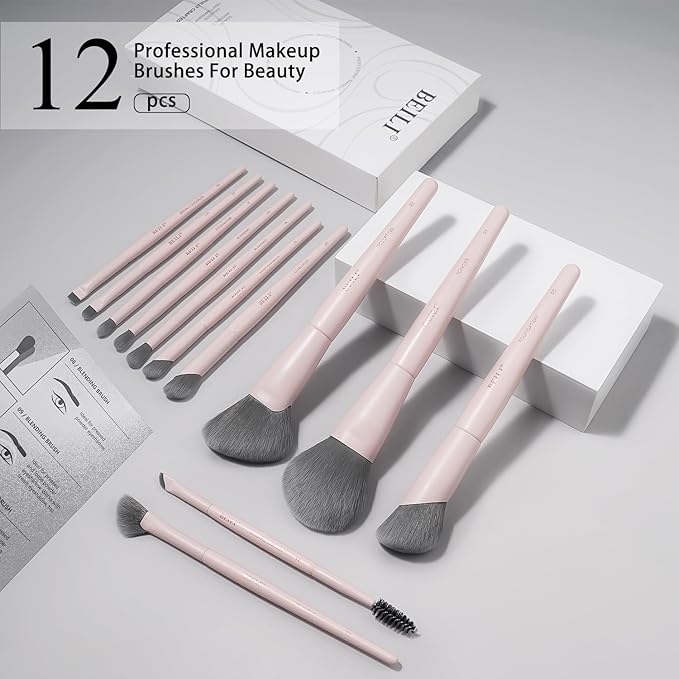 BEILI 12Pcs Pink Makeup Brush Set, Professional Synthetic Brushes for Face & Eye Makeup, Powder, Concealer, Blending, Contour, Eyeliner, Elegant Gift-Ready Set