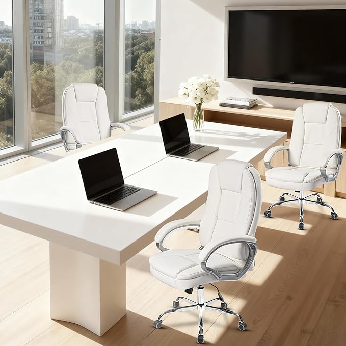 NEO Chair Office Desk Ergonomic Gaming Chair High Back Adjustable Computer Chair with Wheels and Lumbar Support Comfy Leather Executive Swivel (White)
