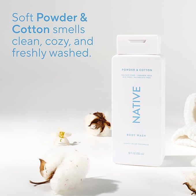 Native Body Wash Contains Naturally Derived Ingredients | For Women & Men, Sulfate, Paraben, & Dye Free Leaving Skin Soft and Hydrated |Powder & Cotton 18 oz