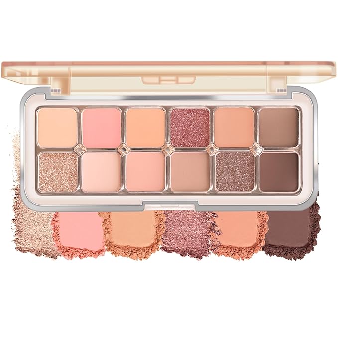 KYDA 12 Colors Peachy Cream Eyeshadow Palette with Brush, High Pigment Matte Shimmer Nude Eye Shadow, Netural Eyes Palette for Women, Soft Blendable Powder Eyeshadow, Korean Eyes Makeup