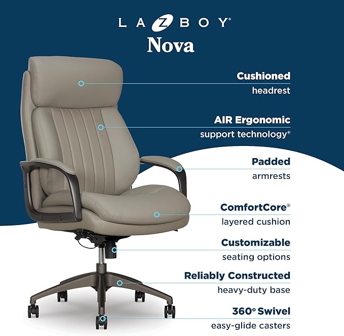 La-Z-Boy Nova Executive Office Chair - Ergonomic High Back Desk Chair with AIR Lumbar Support - Comfortable Computer Chair for Home Office - Vegan Leather - Gray
