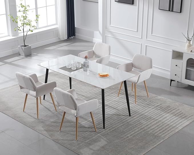 KCC Small Modern Dining Room Arm Chairs 1 Piece, Mid-Century Upholstered Velvet Side Seat Club Guest with Metal Tube Legs for Kitchen, Living Room, Beige