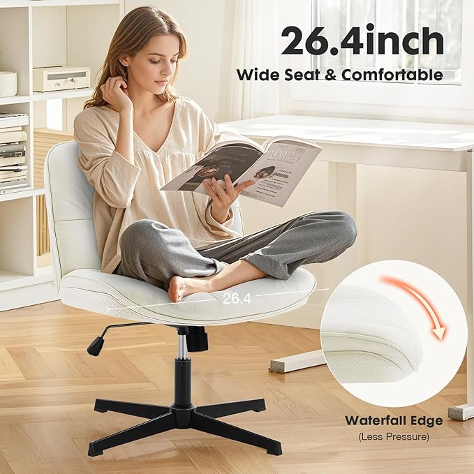 Sweetcrispy Criss Cross Chair, Wide Seat PU Leather Armless Office Desk Vanity Chair, Comfortable Adjustable Swivel Computer Task Chairs for Bedroom, Small Space Make Up, Light Beige