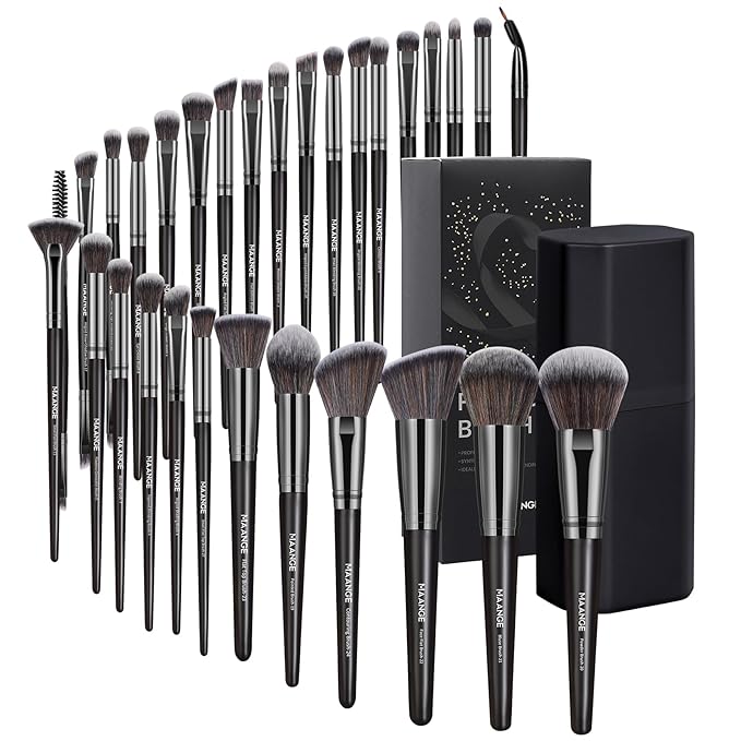 MAANGE 30Pcs Professional Makeup Brush Set with Case – Premium Synthetic Brushes for Foundation, Powder, Blush, Eyeshadow & Blending,Black