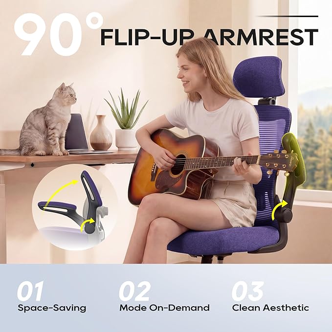 Ergonomic Office Chair, High Back Mesh Desk Chair with Adjustable Lumbar Support & Headrest, Flip-up Armrest, Computer Task Chairs for Home and Executive Office(B-Purple)