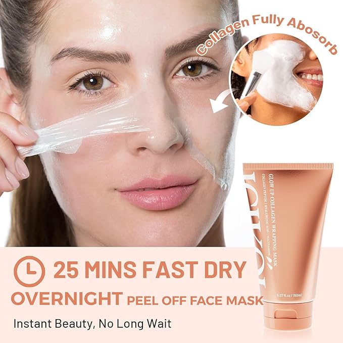 Collagen Peptides Night Wrapping Face Mask 5.07 oz – Overnight Peel-Off Face Mask with Hyaluronic Acid & Vitamin E – Hydrating & Elasticity Korean Skincare for Glass Skin Radiance