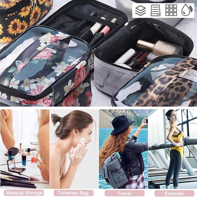 FITINI Makeup Bags Double Layer Travel Large Cosmetic Cases Organizer Toiletry Bags Waterproof Small Zipper Pouch for Women Makeup Brush Storage Bag,Brown Leopard