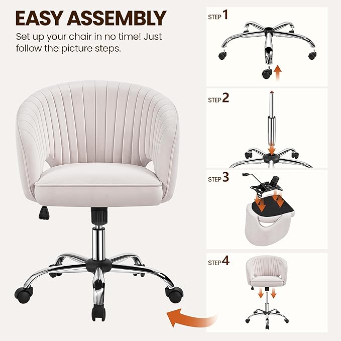 Yaheetech Cute Desk Chair Velvet Vanity Chair with Wheels Home Office Upholstered Modern Swivel Armchair with Tufted Barrel Back for Study, Vanity, Bedroom Cream