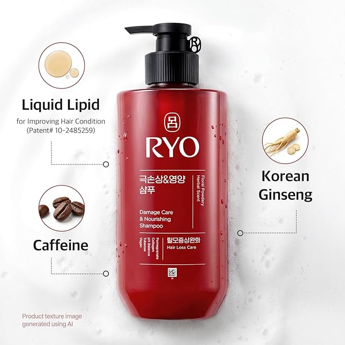 RYO Damage Care & Nourishing Shampoo with Korean Ginseng & Caffeine - Repair and Moisturizing, Anti Loss Care, Strengthening hair roots, 16 Fl Oz.