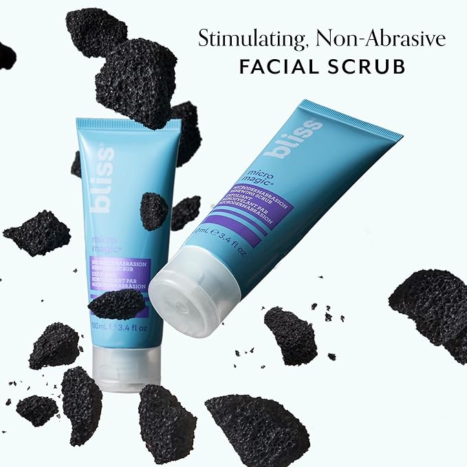Bliss Clear Genius Clarifying Toner + Serum and Micro Magic Skin Renewing Microdermabrasion Facial Scrub - Calm Skin & Tighten Pores - Vegan & Curelty-Free