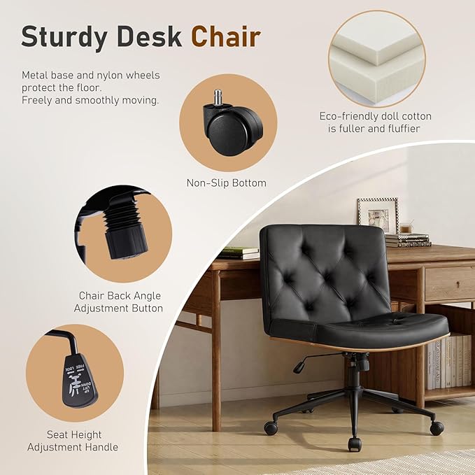 Furnimart Heavy-Duty Curved FSC Wood Desk Chair 360° Swivel, Faux Leather Criss Cross Chair with Wheels Wide Seat, Comfy Armless Cross Legged Sitting for Bedroom, Office, Vanity (PU Black)