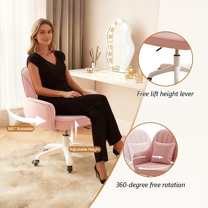 Home Office Chair Velvet Vanity Chairs Makeup Desk Chair with Wheels Mid Back Computer Chairs Height Adjustable Swivel Rolling Task Chair for Living Room, Bedroom, Office
