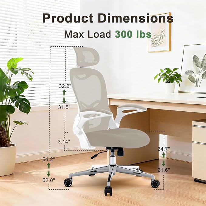 Office Chair, Ergonomic Breathable Mesh Chair,Flip-Up Arms and Adjustable High Back Lumbar Support,Comfy Computer Chair for Home Office (Beige, 407)